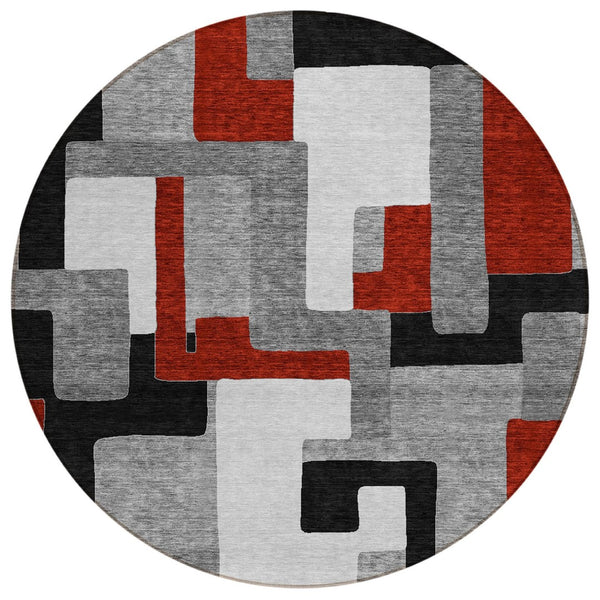 HomeRoots 5' Stylish Gray, Ivory & Red Geometric Washable Area Rug for Indoor & Outdoor Spaces, Durable Design 8' Round 613213