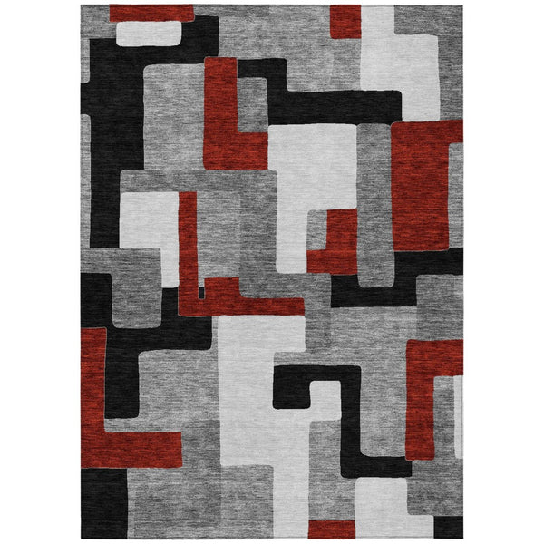 HomeRoots 5' Stylish Gray, Ivory & Red Geometric Washable Area Rug for Indoor & Outdoor Spaces, Durable Design 8' X 10' 613214