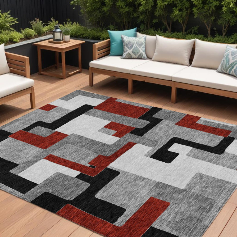 HomeRoots 5' Stylish Gray, Ivory & Red Geometric Washable Area Rug for Indoor & Outdoor Spaces, Durable Design 9' X 12' 613215