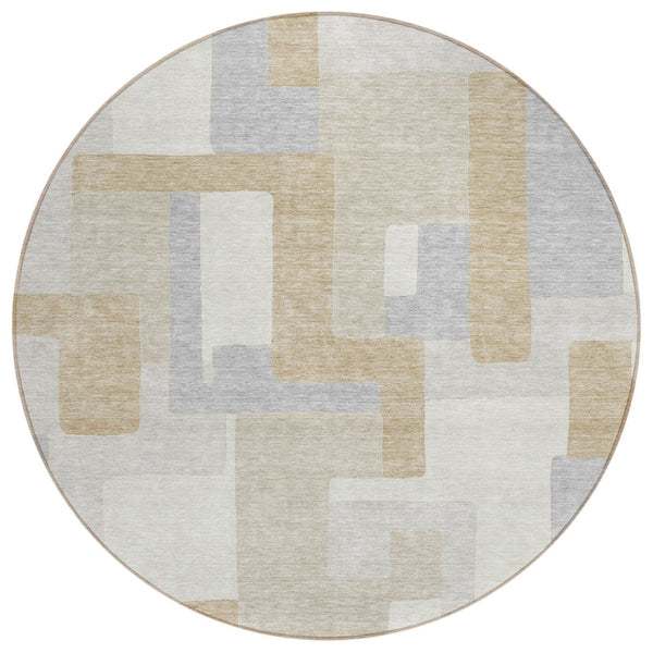 HomeRoots 5' Stylish Ivory Beige and Gray Geometric Area Rug - Washable, Durable for Indoor & Outdoor Use 8' Round 613219