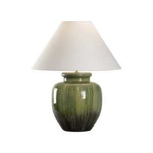 Wildwood Yamato Hand-Turned Table Lamp Short — Shiga Kiln Ceramic Base, Rolled Linen Shade, Brown/Green Finish 61322
