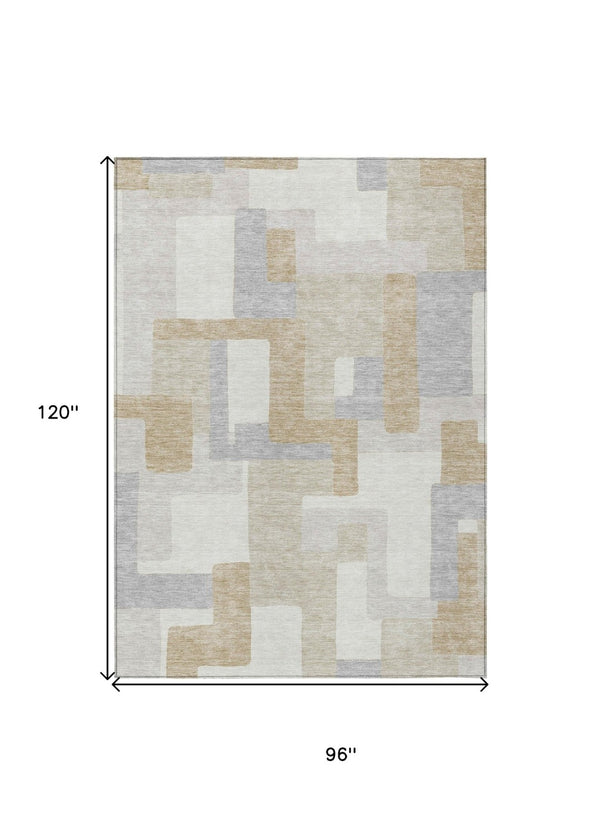 HomeRoots 5' Stylish Ivory Beige and Gray Geometric Area Rug - Washable, Durable for Indoor & Outdoor Use 8' X 10' 613220