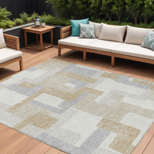 HomeRoots 5' Stylish Ivory Beige and Gray Geometric Area Rug - Washable, Durable for Indoor & Outdoor Use 8' X 10' 613220