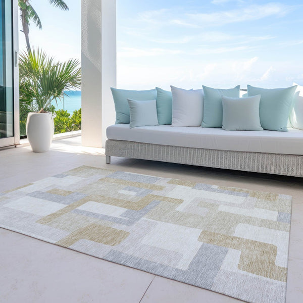 HomeRoots 5' Stylish Ivory Beige and Gray Geometric Area Rug - Washable, Durable for Indoor & Outdoor Use 8' X 10' 613220