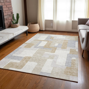 HomeRoots 5' Stylish Ivory Beige and Gray Geometric Area Rug - Washable, Durable for Indoor & Outdoor Use 8' X 10' 613220