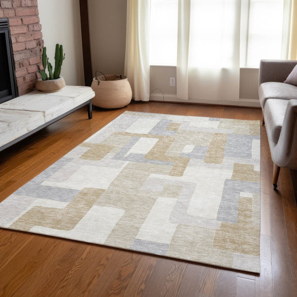 HomeRoots 5' Stylish Ivory Beige and Gray Geometric Area Rug - Washable, Durable for Indoor & Outdoor Use 8' X 10' 613220