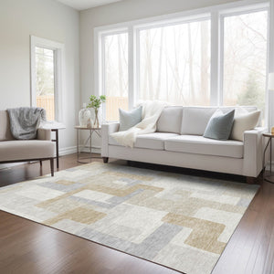 HomeRoots 5' Stylish Ivory Beige and Gray Geometric Area Rug - Washable, Durable for Indoor & Outdoor Use 8' X 10' 613220