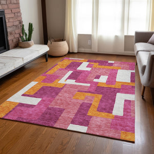 Homeroots 3' Stylish Geometric Washable Area Rug For Indoor And Outdoor Use - Durable & Versatile Design Pink Polyester 613223
