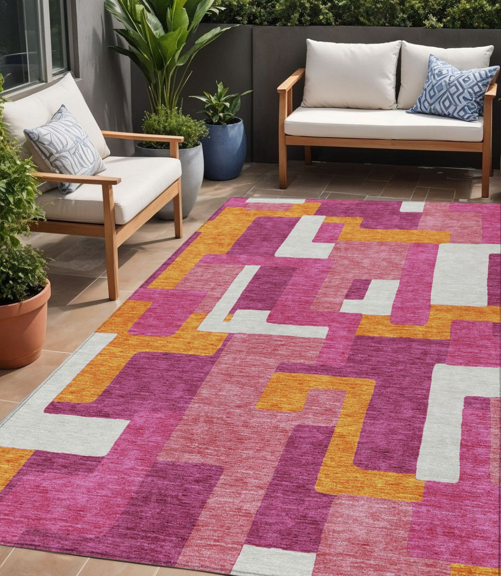 HomeRoots 5' Vibrant Pink Ivory Orange Geometric Area Rug – Durable, Washable, Ideal for Indoor & Outdoor Use 5' X 8' 613224