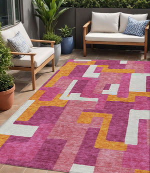 Homeroots 3' Stylish Geometric Washable Area Rug For Indoor And Outdoor Use - Durable & Versatile Design Pink Polyester 613224