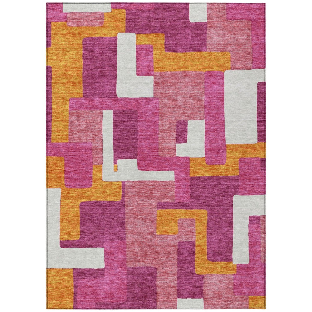 HomeRoots 5' Vibrant Pink Ivory Orange Geometric Area Rug – Durable, Washable, Ideal for Indoor & Outdoor Use 5' X 8' 613224