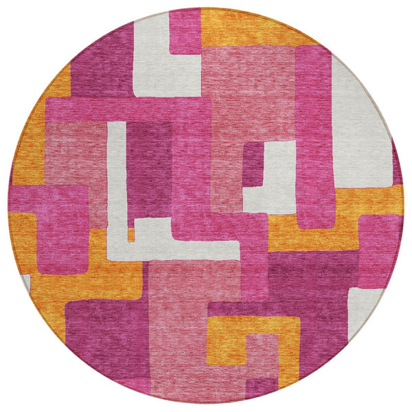 HomeRoots 5' Vibrant Pink Ivory Orange Geometric Area Rug – Durable, Washable, Ideal for Indoor & Outdoor Use 8' Round 613225