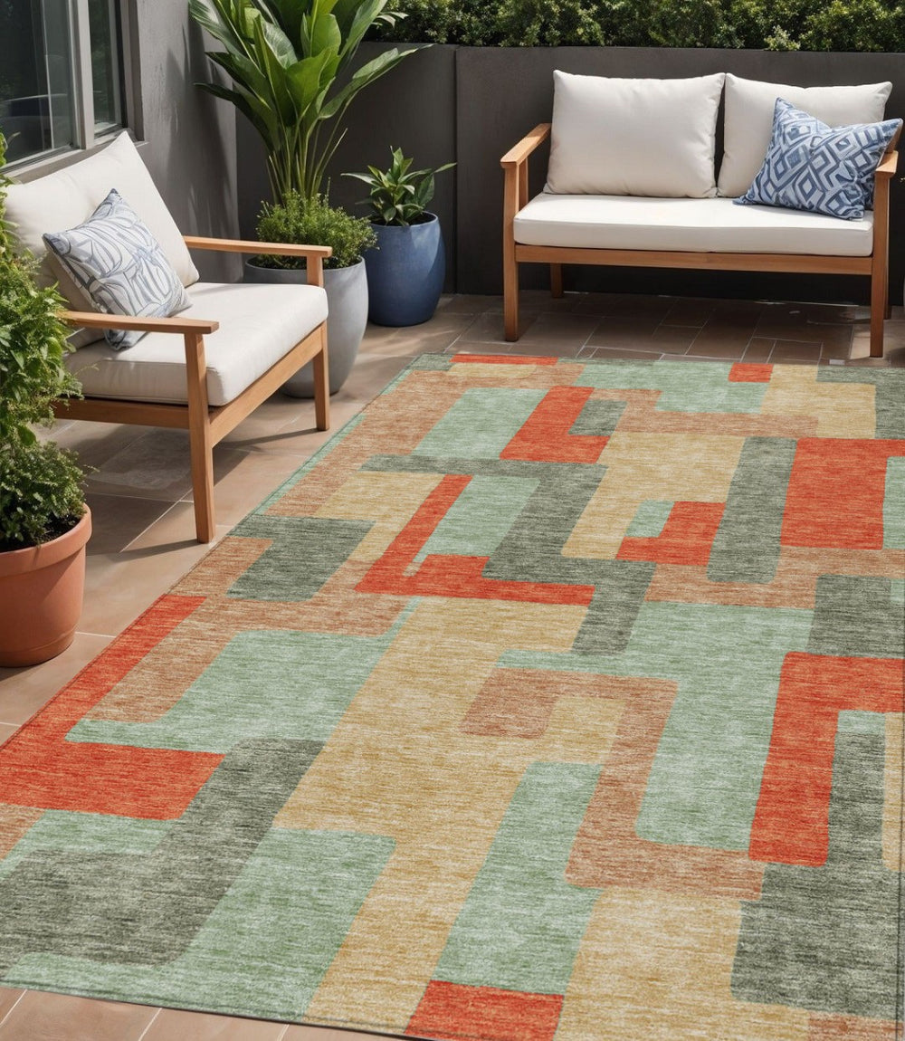 HomeRoots 5' Stylish Sage Gray and Orange Geometric Area Rug for Indoor and Outdoor Spaces - Washable Design 5' X 8' 613230