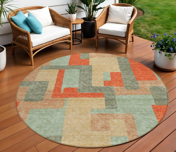 HomeRoots 5' Stylish Sage Gray and Orange Geometric Area Rug for Indoor and Outdoor Spaces - Washable Design 8' Round 613231