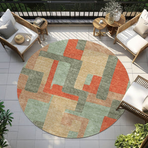HomeRoots 5' Stylish Sage Gray and Orange Geometric Area Rug for Indoor and Outdoor Spaces - Washable Design 8' Round 613231