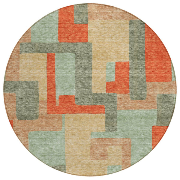 HomeRoots 5' Stylish Sage Gray and Orange Geometric Area Rug for Indoor and Outdoor Spaces - Washable Design 8' Round 613231