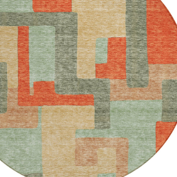HomeRoots 5' Stylish Sage Gray and Orange Geometric Area Rug for Indoor and Outdoor Spaces - Washable Design 8' Round 613231