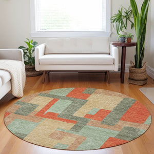 HomeRoots 5' Stylish Sage Gray and Orange Geometric Area Rug for Indoor and Outdoor Spaces - Washable Design 8' Round 613231