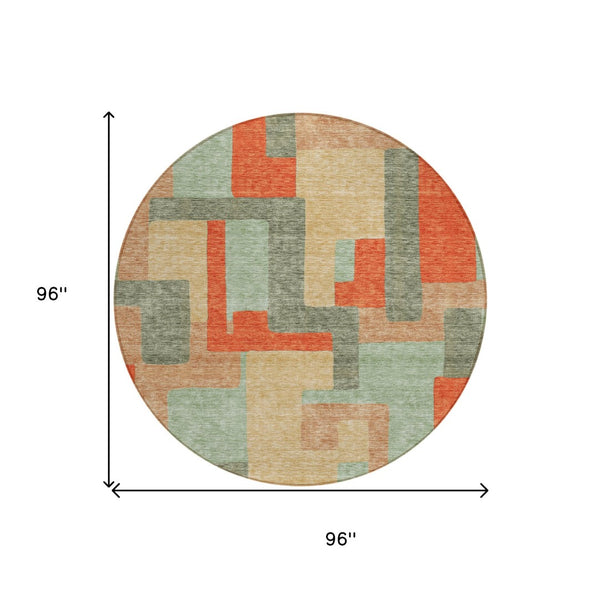 HomeRoots 5' Stylish Sage Gray and Orange Geometric Area Rug for Indoor and Outdoor Spaces - Washable Design 8' Round 613231
