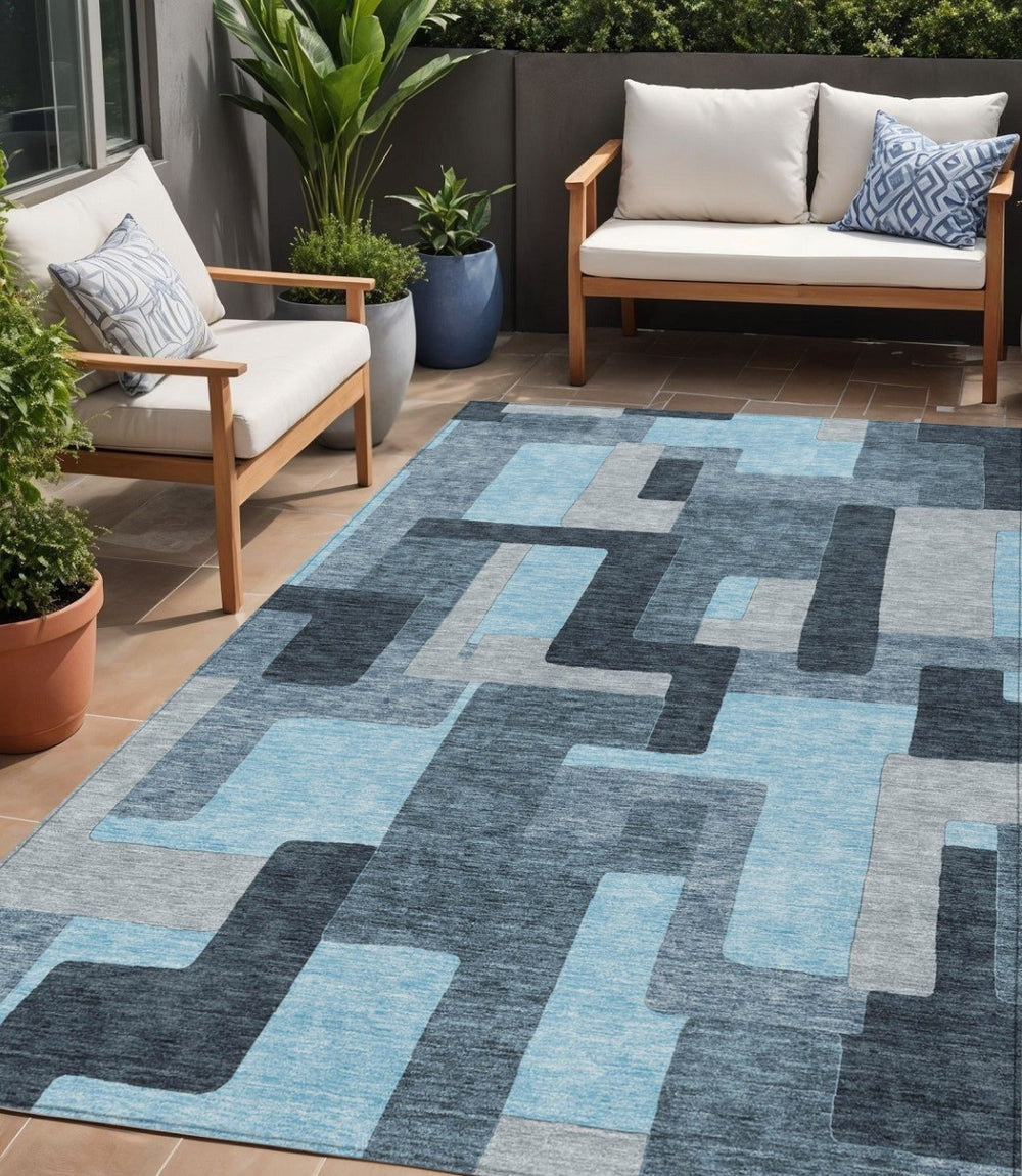 HomeRoots 5' Stylish Sky Blue Geometric Area Rug for Indoor and Outdoor Use - Durable, Washable, Modern Design 5' X 8' 613236