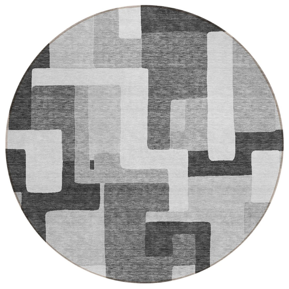 HomeRoots 5' Modern Geometric Area Rug in Silver, Ivory, and Charcoal – Stylish, Washable for Indoors & Outdoors 8' Round 613243