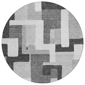 HomeRoots 5' Modern Geometric Area Rug in Silver, Ivory, and Charcoal – Stylish, Washable for Indoors & Outdoors 8' Round 613243