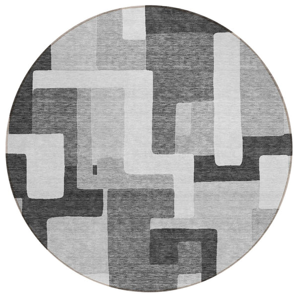 HomeRoots 5' Modern Geometric Area Rug in Silver, Ivory, and Charcoal – Stylish, Washable for Indoors & Outdoors 8' Round 613243