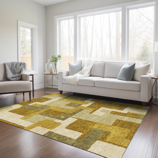 Homeroots 3' Stylish Geometric Washable Area Rug For Indoor And Outdoor Use - Durable & Versatile Design Wheat Polyester 613248