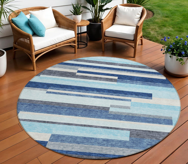 Homeroots 3' Striped Washable Area Rug For Indoor And Outdoor Spaces - Durable, Stylish, And Easy To Maintain Blue Polyester 613262