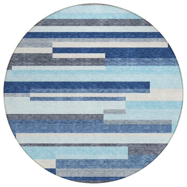 HomeRoots 5' Blue Gray and Ivory Striped Indoor Outdoor Rug - Durable, Washable, Modern Design for Any Space 8' Round 613262