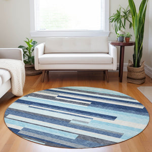 Homeroots 3' Striped Washable Area Rug For Indoor And Outdoor Spaces - Durable, Stylish, And Easy To Maintain Blue Polyester 613262
