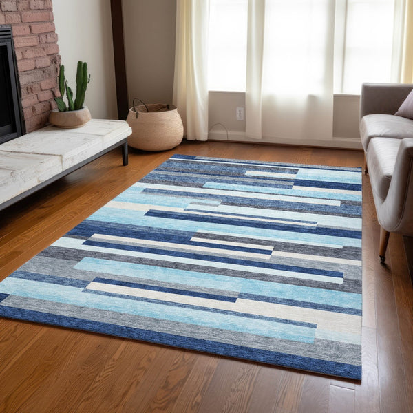 Homeroots 3' Striped Washable Area Rug For Indoor And Outdoor Spaces - Durable, Stylish, And Easy To Maintain Blue Polyester 613263