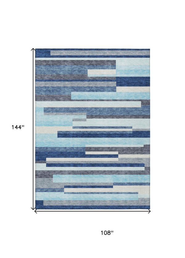 HomeRoots 5' Blue Gray and Ivory Striped Indoor Outdoor Rug - Durable, Washable, Modern Design for Any Space 9' X 12' 613264