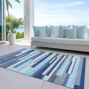 HomeRoots 5' Blue Gray and Ivory Striped Indoor Outdoor Rug - Durable, Washable, Modern Design for Any Space 9' X 12' 613264