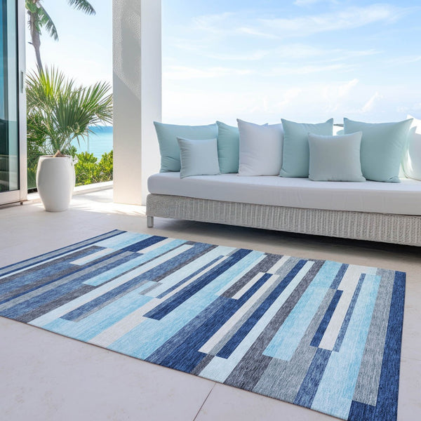 HomeRoots 5' Blue Gray and Ivory Striped Indoor Outdoor Rug - Durable, Washable, Modern Design for Any Space 9' X 12' 613264