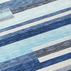 HomeRoots 5' Blue Gray and Ivory Striped Indoor Outdoor Rug - Durable, Washable, Modern Design for Any Space 9' X 12' 613264
