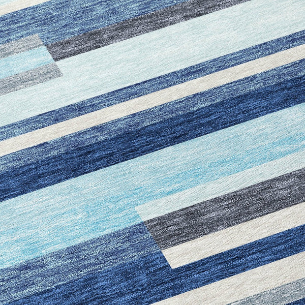 HomeRoots 5' Blue Gray and Ivory Striped Indoor Outdoor Rug - Durable, Washable, Modern Design for Any Space 9' X 12' 613264