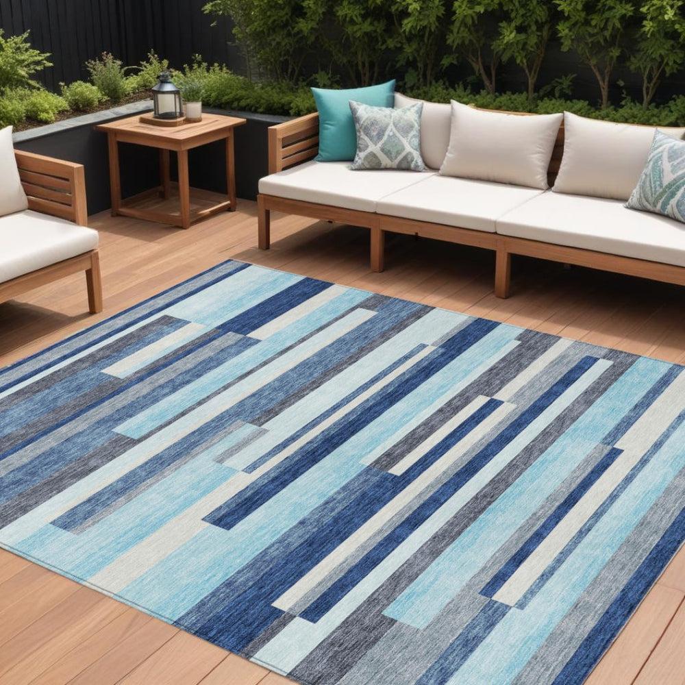 HomeRoots 5' Blue Gray and Ivory Striped Indoor Outdoor Rug - Durable, Washable, Modern Design for Any Space 10' X 14' 613265