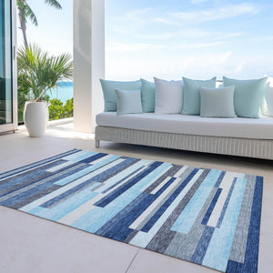 Homeroots 3' Striped Washable Area Rug For Indoor And Outdoor Spaces - Durable, Stylish, And Easy To Maintain Blue Polyester 613265