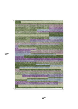 Homeroots 3' Striped Washable Area Rug For Indoor And Outdoor Spaces - Durable, Stylish, And Easy To Maintain Moss Green Polyester 613267