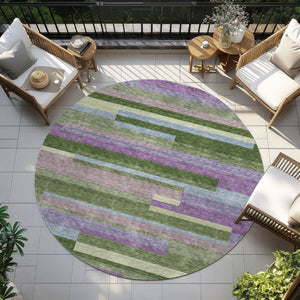 HomeRoots 5' Washable Indoor Outdoor Area Rug in Striking Moss Green, Olive, and Purple for Any Space 8' Round 613268