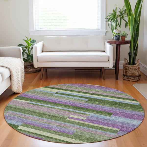 HomeRoots 5' Washable Indoor Outdoor Area Rug in Striking Moss Green, Olive, and Purple for Any Space 8' Round 613268