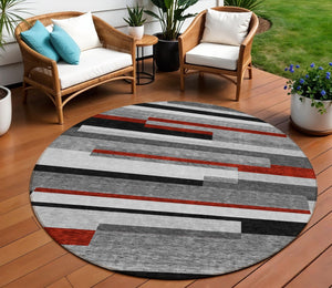 HomeRoots 5' Durable Washable Gray Black and Red Striped Area Rug for Indoor Outdoor Spaces - Modern Style! 8' Round 613274