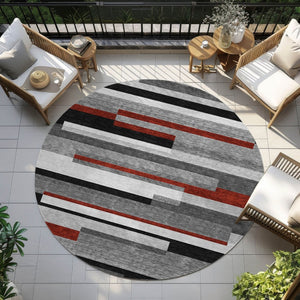 HomeRoots 5' Durable Washable Gray Black and Red Striped Area Rug for Indoor Outdoor Spaces - Modern Style! 8' Round 613274