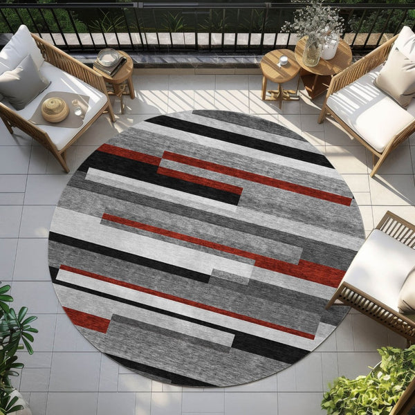 HomeRoots 5' Durable Washable Gray Black and Red Striped Area Rug for Indoor Outdoor Spaces - Modern Style! 8' Round 613274