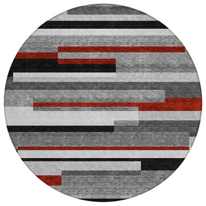 HomeRoots 5' Durable Washable Gray Black and Red Striped Area Rug for Indoor Outdoor Spaces - Modern Style! 8' Round 613274