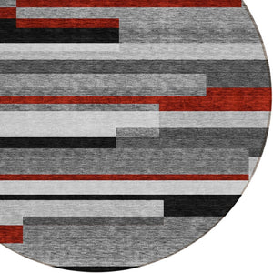 HomeRoots 5' Durable Washable Gray Black and Red Striped Area Rug for Indoor Outdoor Spaces - Modern Style! 8' Round 613274
