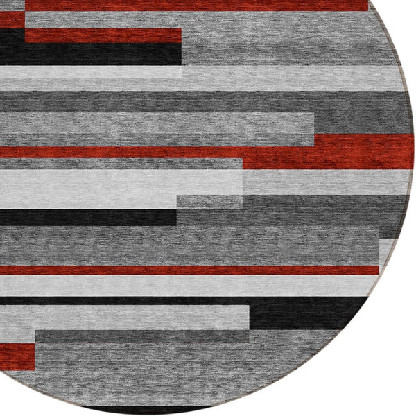 HomeRoots 5' Durable Washable Gray Black and Red Striped Area Rug for Indoor Outdoor Spaces - Modern Style! 8' Round 613274