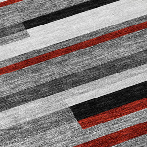 HomeRoots 5' Durable Washable Gray Black and Red Striped Area Rug for Indoor Outdoor Spaces - Modern Style! 8' Round 613274