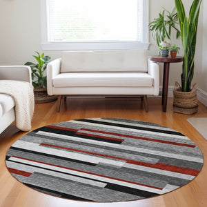 HomeRoots 5' Durable Washable Gray Black and Red Striped Area Rug for Indoor Outdoor Spaces - Modern Style! 8' Round 613274